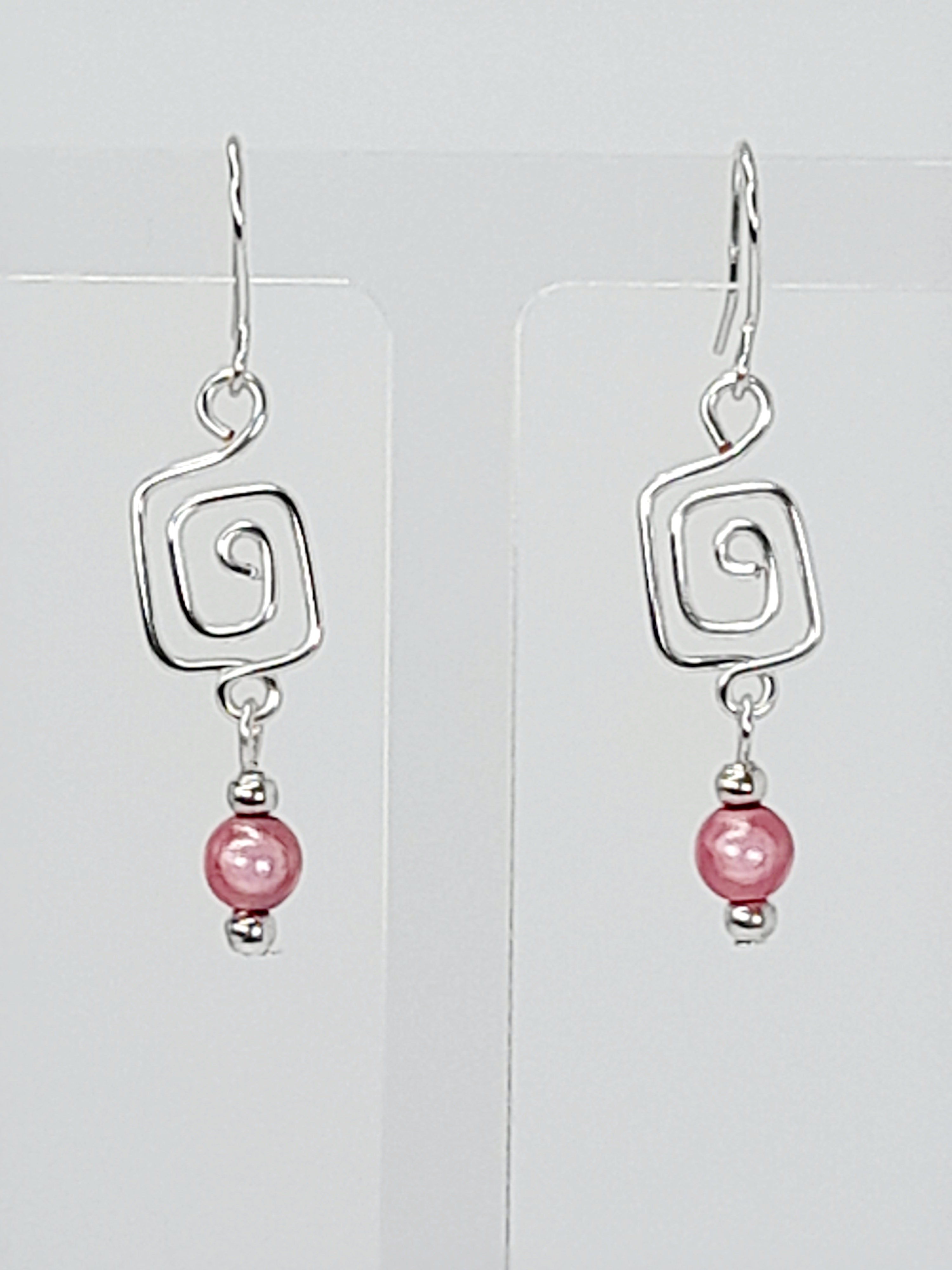 Dainty Silver & Pale Pink Square Spiral Earrings, Handmade, Lightweight & Pretty