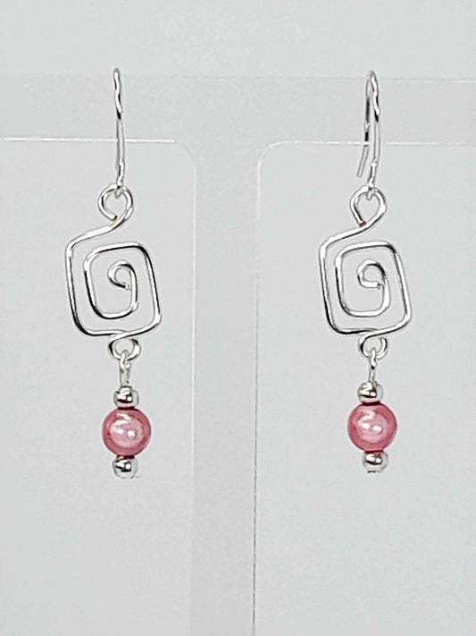 Dainty Silver & Pale Pink Square Spiral Earrings, Handmade, Lightweight & Pretty