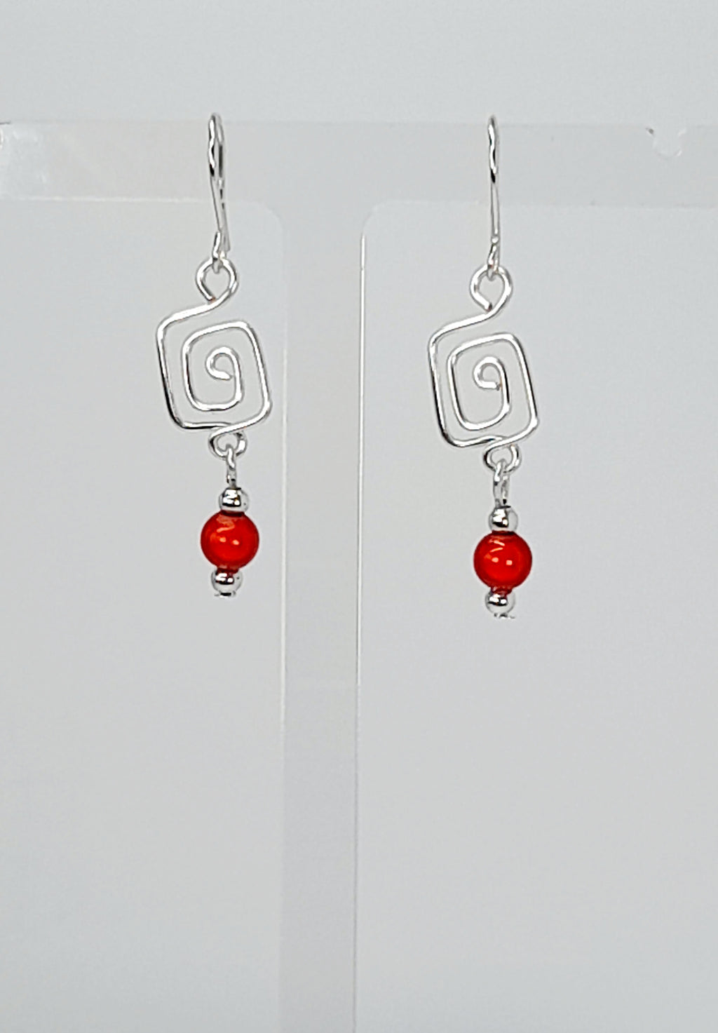 Dainty Silver & Red Square Spiral Earrings, Handmade, Lightweight & Pretty