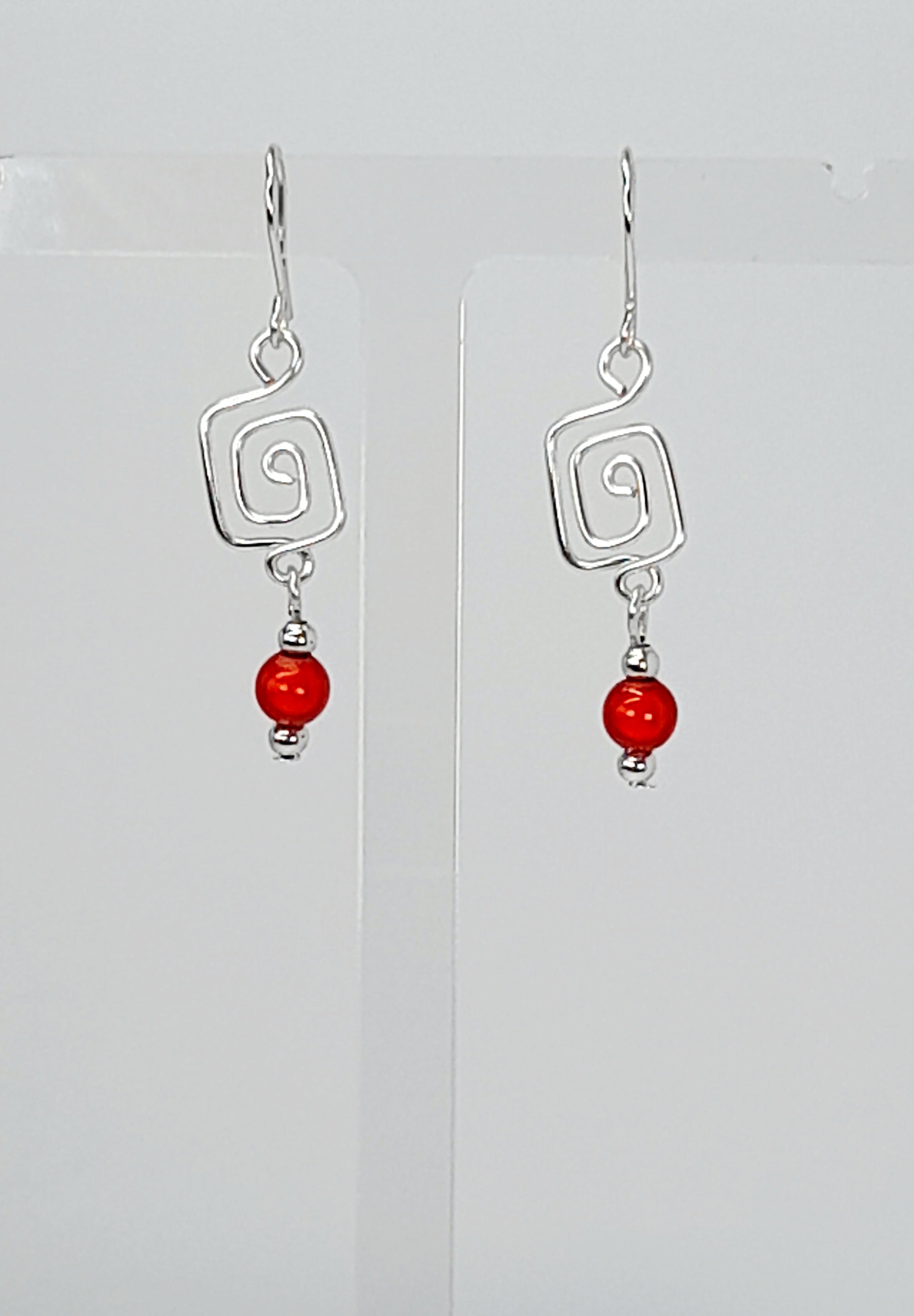 Dainty Silver & Red Square Spiral Earrings, Handmade, Lightweight & Pretty