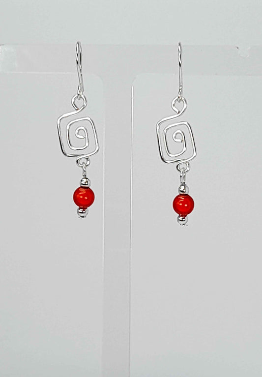 Dainty Silver & Red Square Spiral Earrings, Handmade, Lightweight & Pretty
