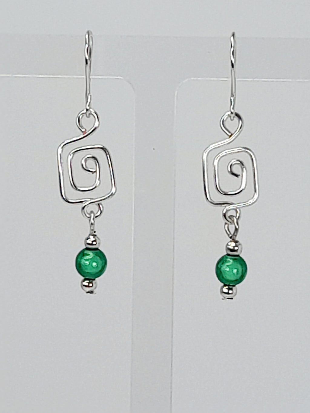 Dainty Silver & Green Square Spiral Earrings, Handmade, Lightweight & Pretty