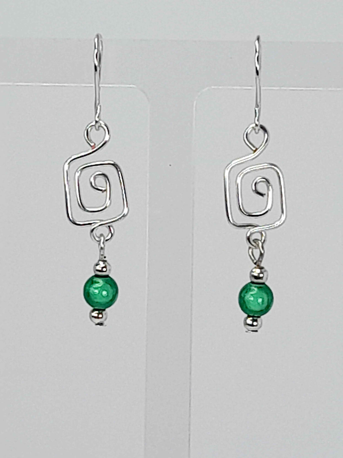 Dainty Silver & Green Square Spiral Earrings, Handmade, Lightweight & Pretty