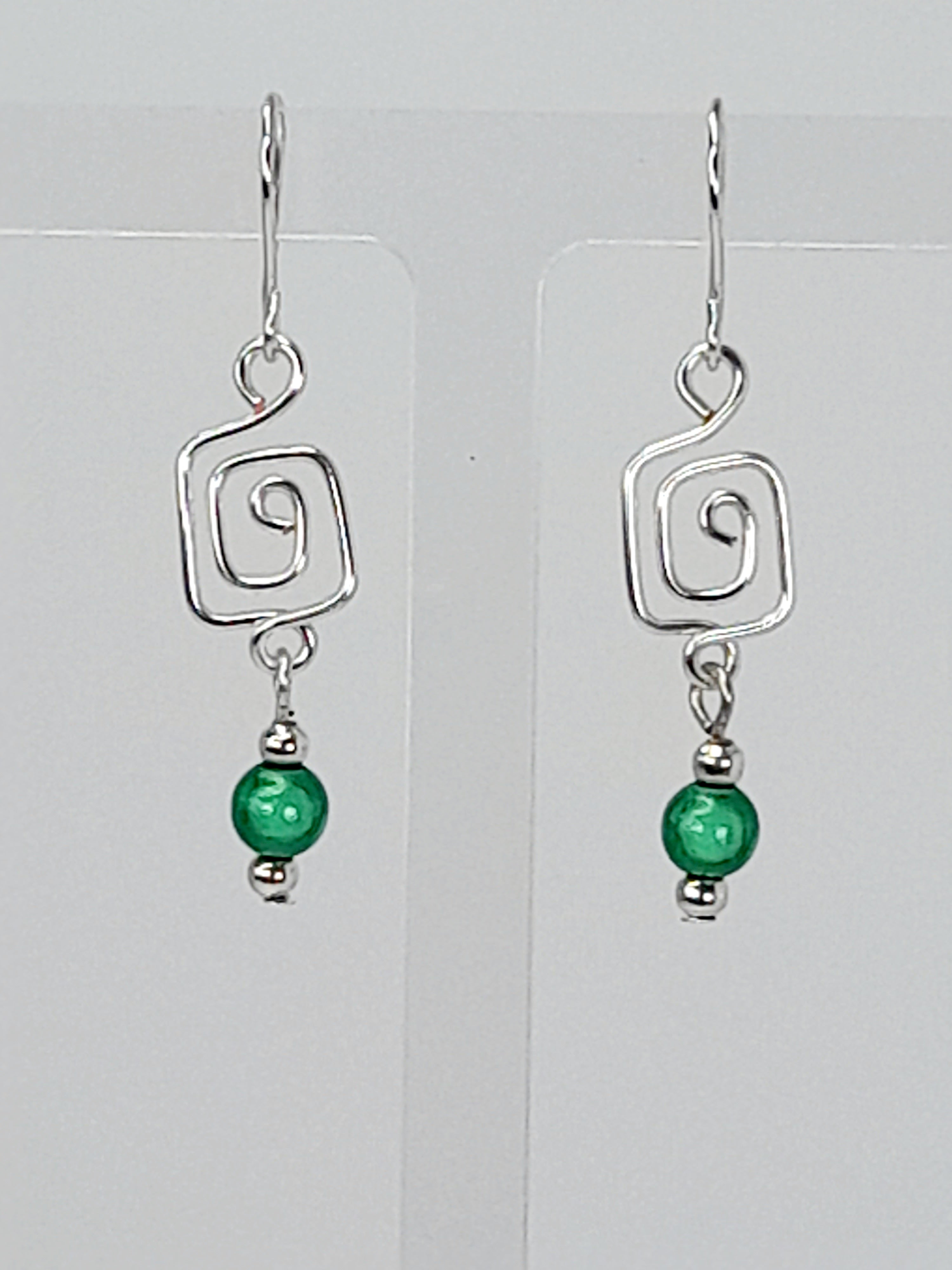 Dainty Silver & Green Square Spiral Earrings, Handmade, Lightweight & Pretty