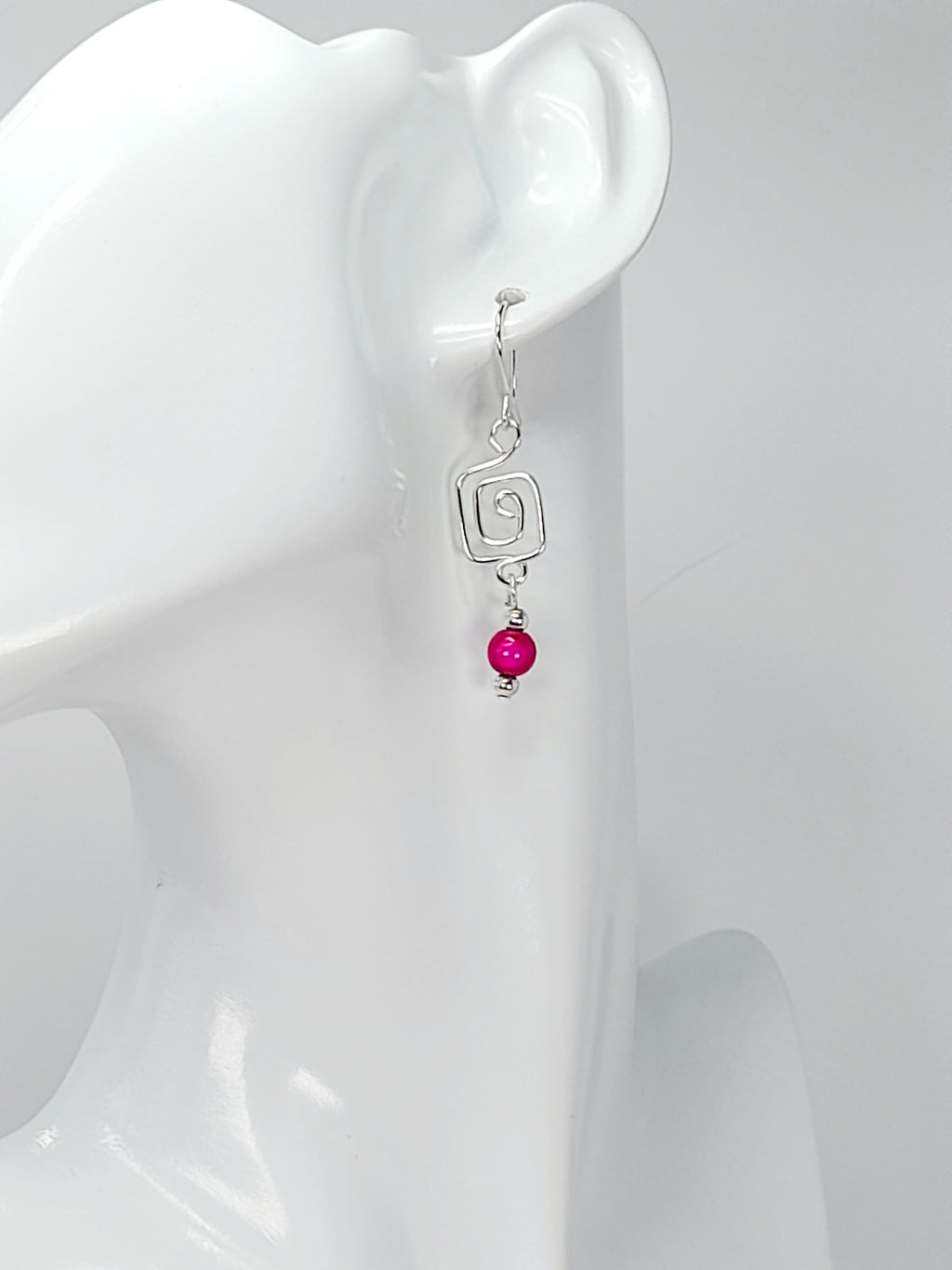 Dainty Silver & Hot Pink Square Spiral Earrings, Handmade, Lightweight & Pretty
