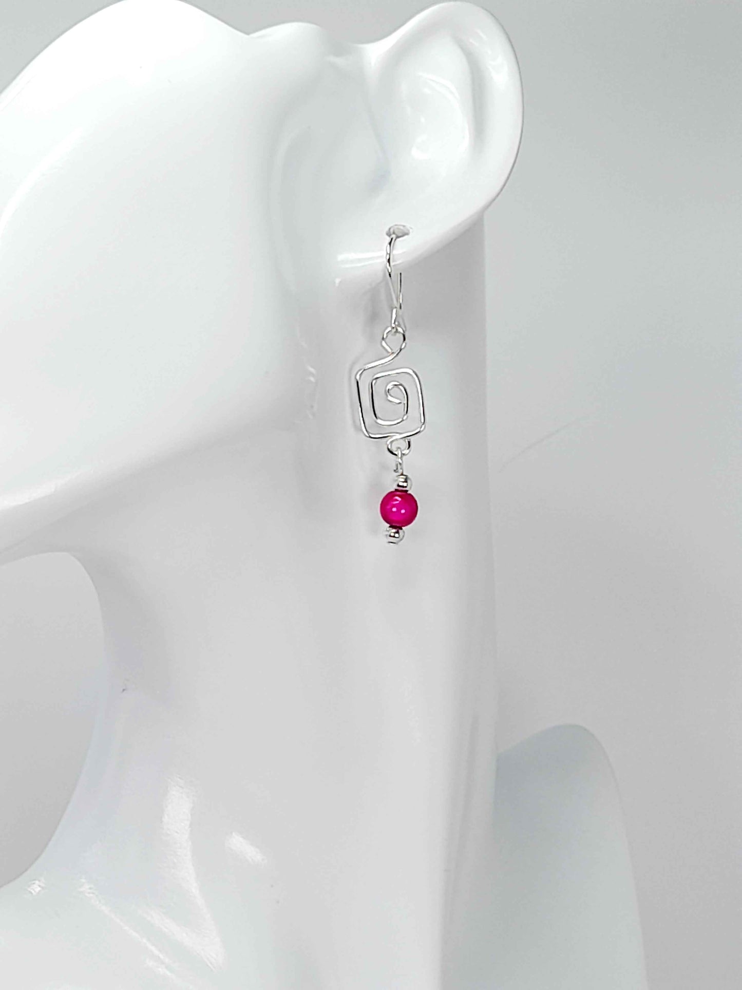 Dainty Silver & Hot Pink Square Spiral Earrings, Handmade, Lightweight & Pretty