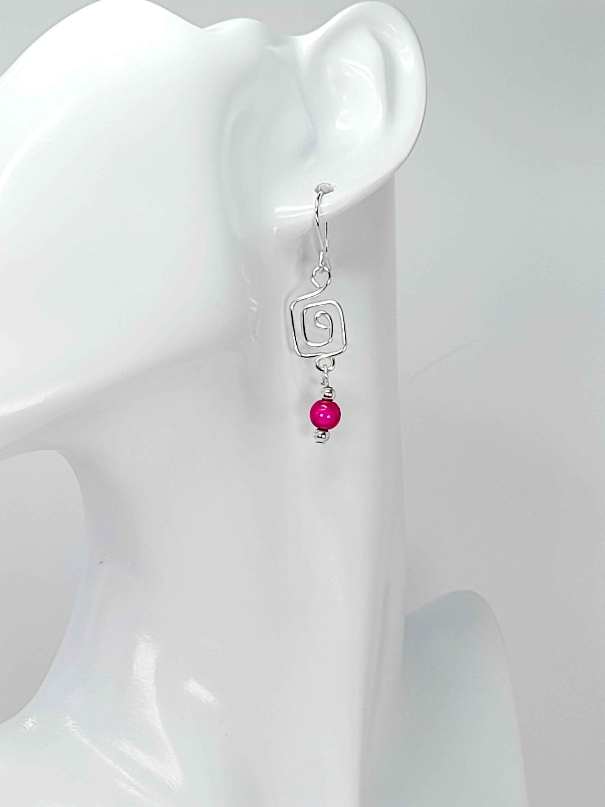 Dainty Silver & Hot Pink Square Spiral Earrings, Handmade, Lightweight & Pretty