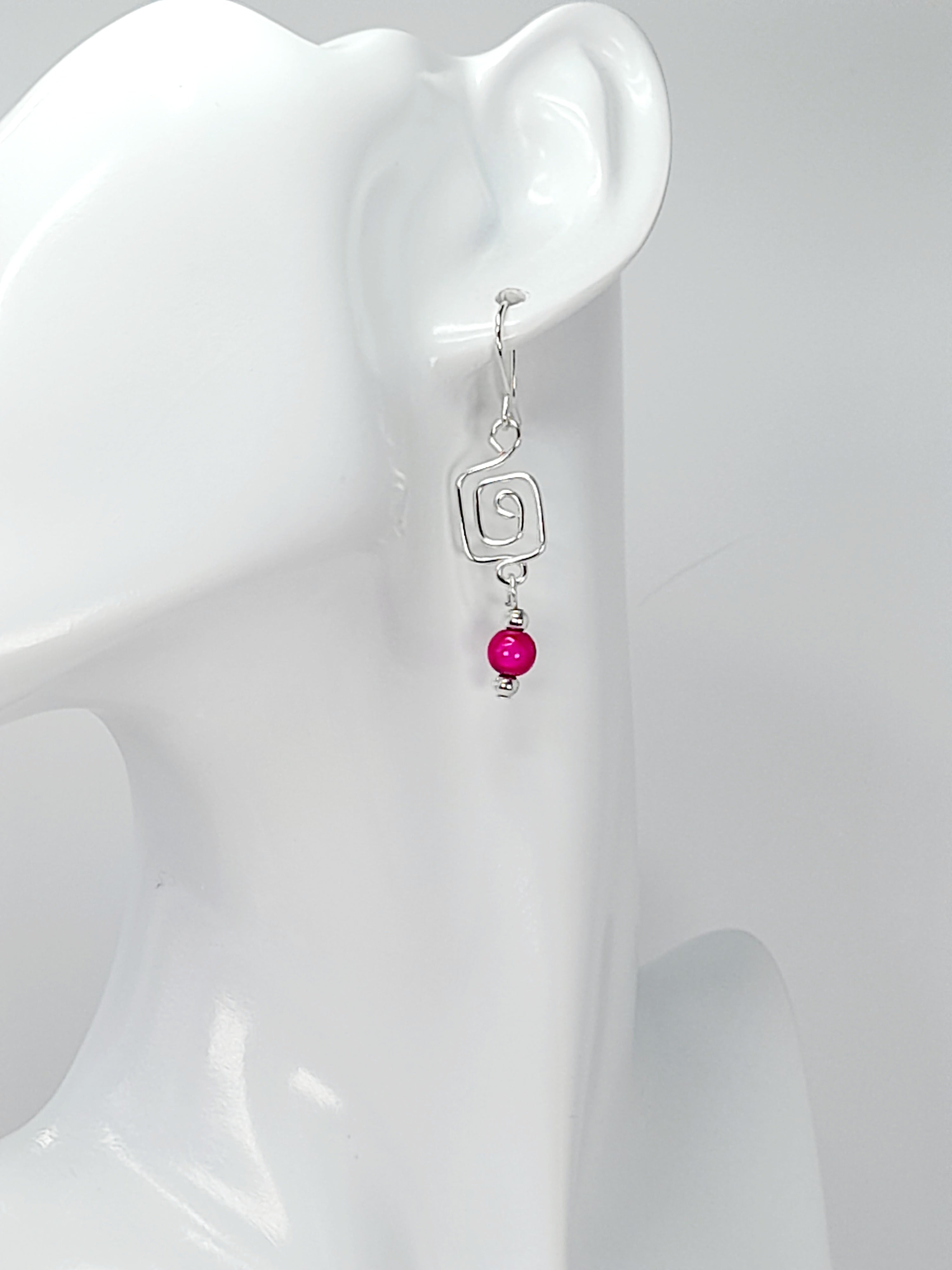 Dainty Silver & Hot Pink Square Spiral Earrings, Handmade, Lightweight & Pretty