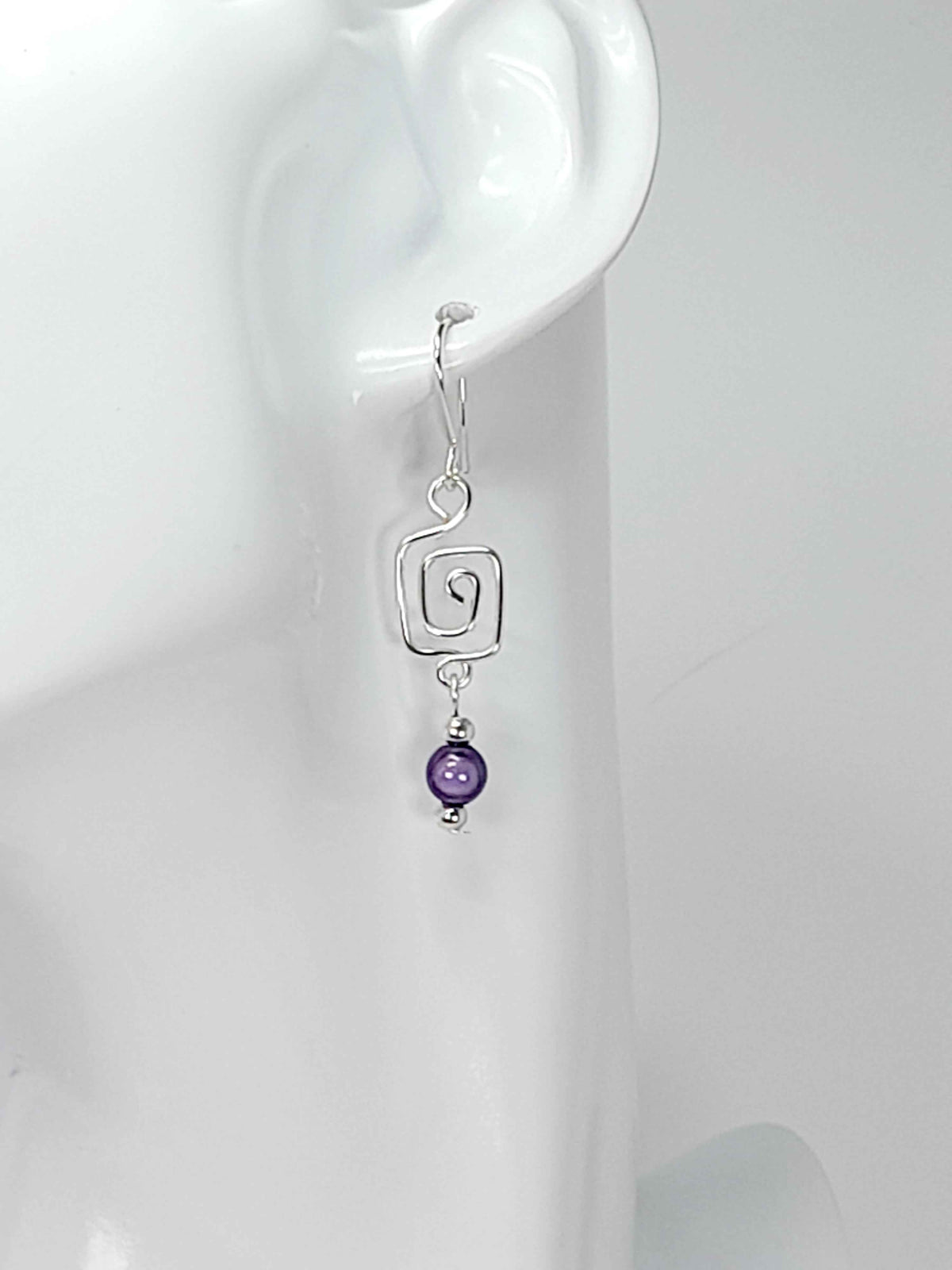 Dainty Silver & Lilac Square Spiral Earrings, Handmade, Lightweight & Pretty
