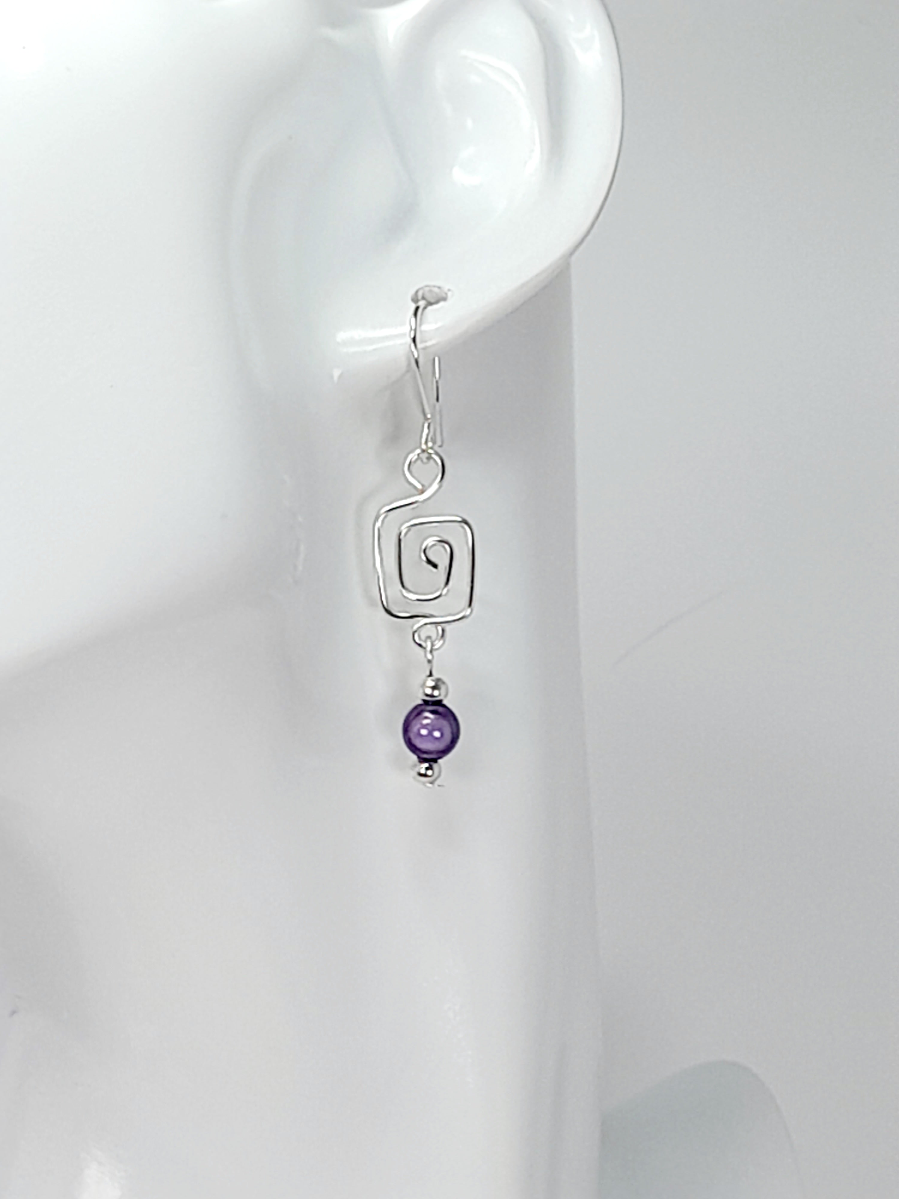 Dainty Silver & Lilac Square Spiral Earrings, Handmade, Lightweight & Pretty