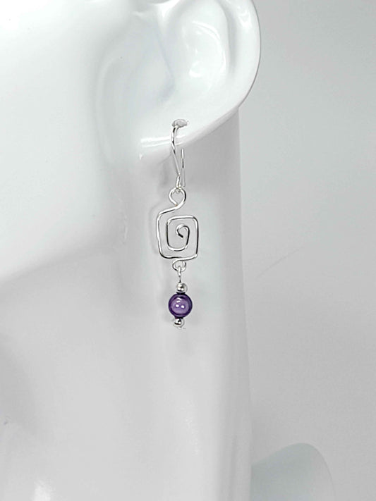 Dainty Silver & Lilac Square Spiral Earrings, Handmade, Lightweight & Pretty