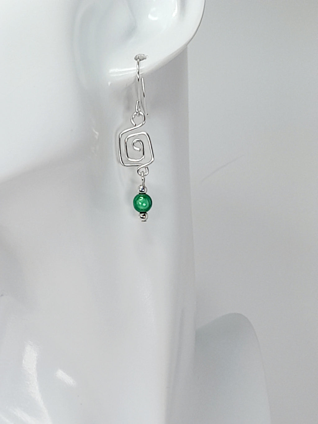 Dainty Silver & Green Square Spiral Earrings, Handmade, Lightweight & Pretty