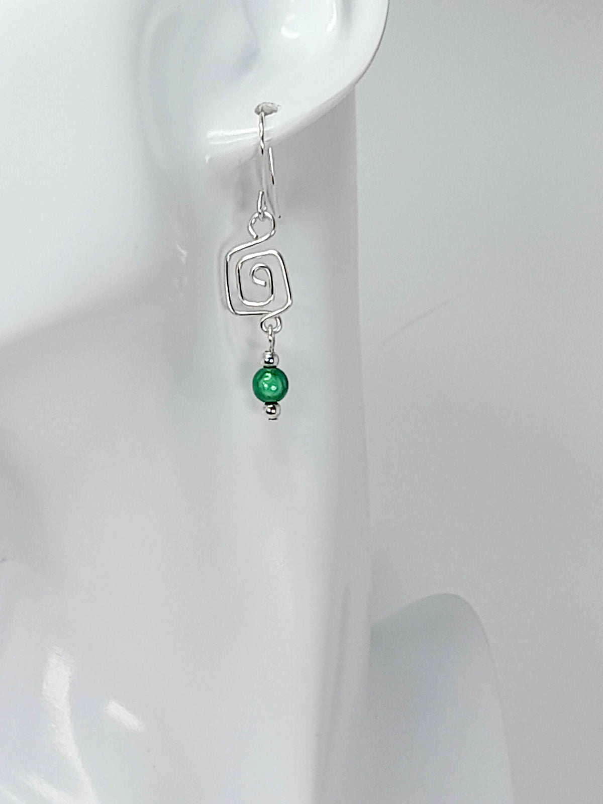 Dainty Silver & Green Square Spiral Earrings, Handmade, Lightweight & Pretty