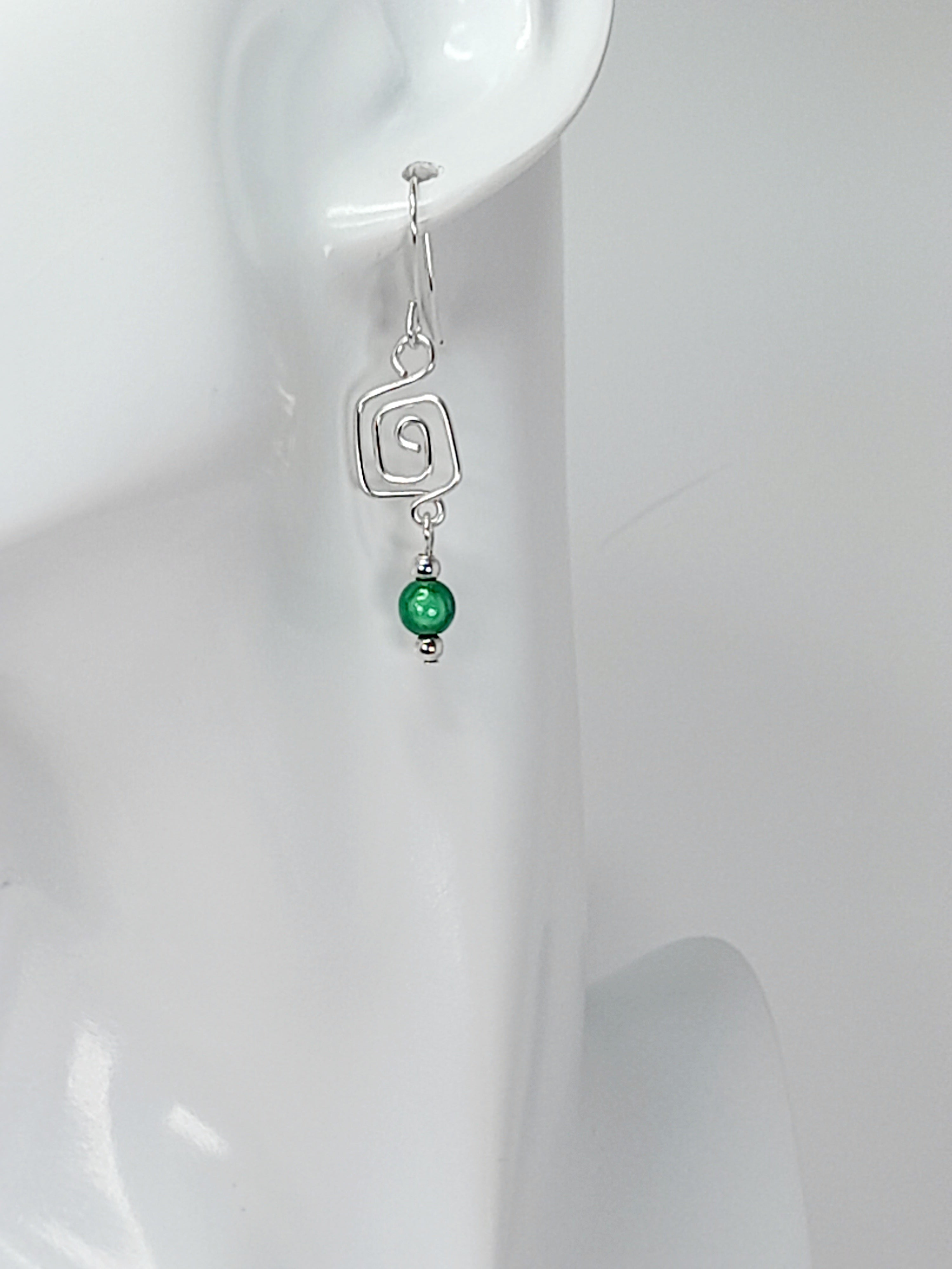 Dainty Silver & Green Square Spiral Earrings, Handmade, Lightweight & Pretty