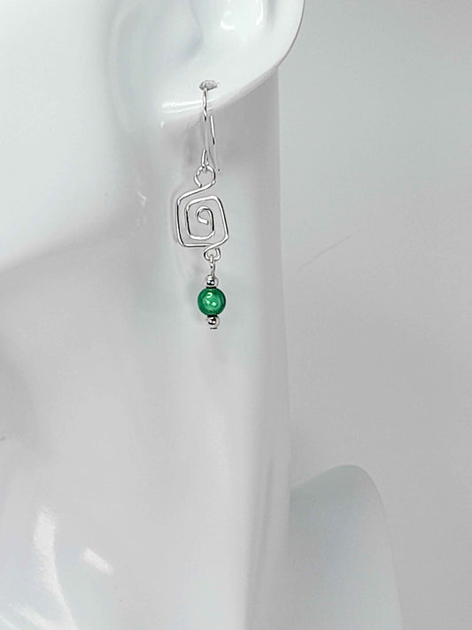 Dainty Silver & Green Square Spiral Earrings, Handmade, Lightweight & Pretty