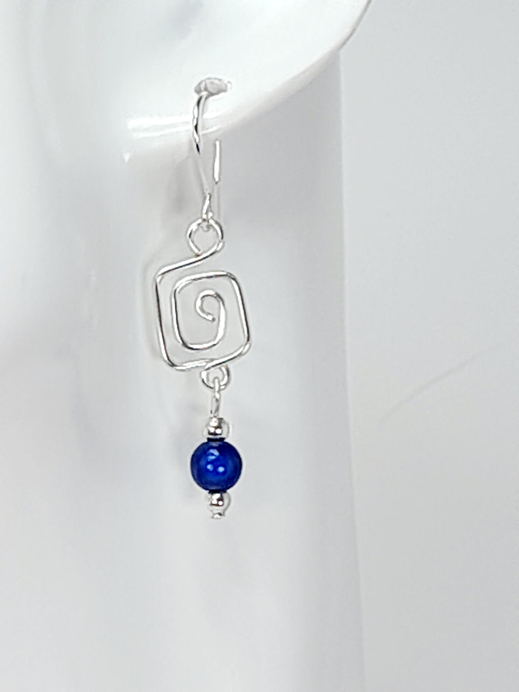 Dainty Silver & Blue Square Spiral Earrings, Handmade, Lightweight & Pretty