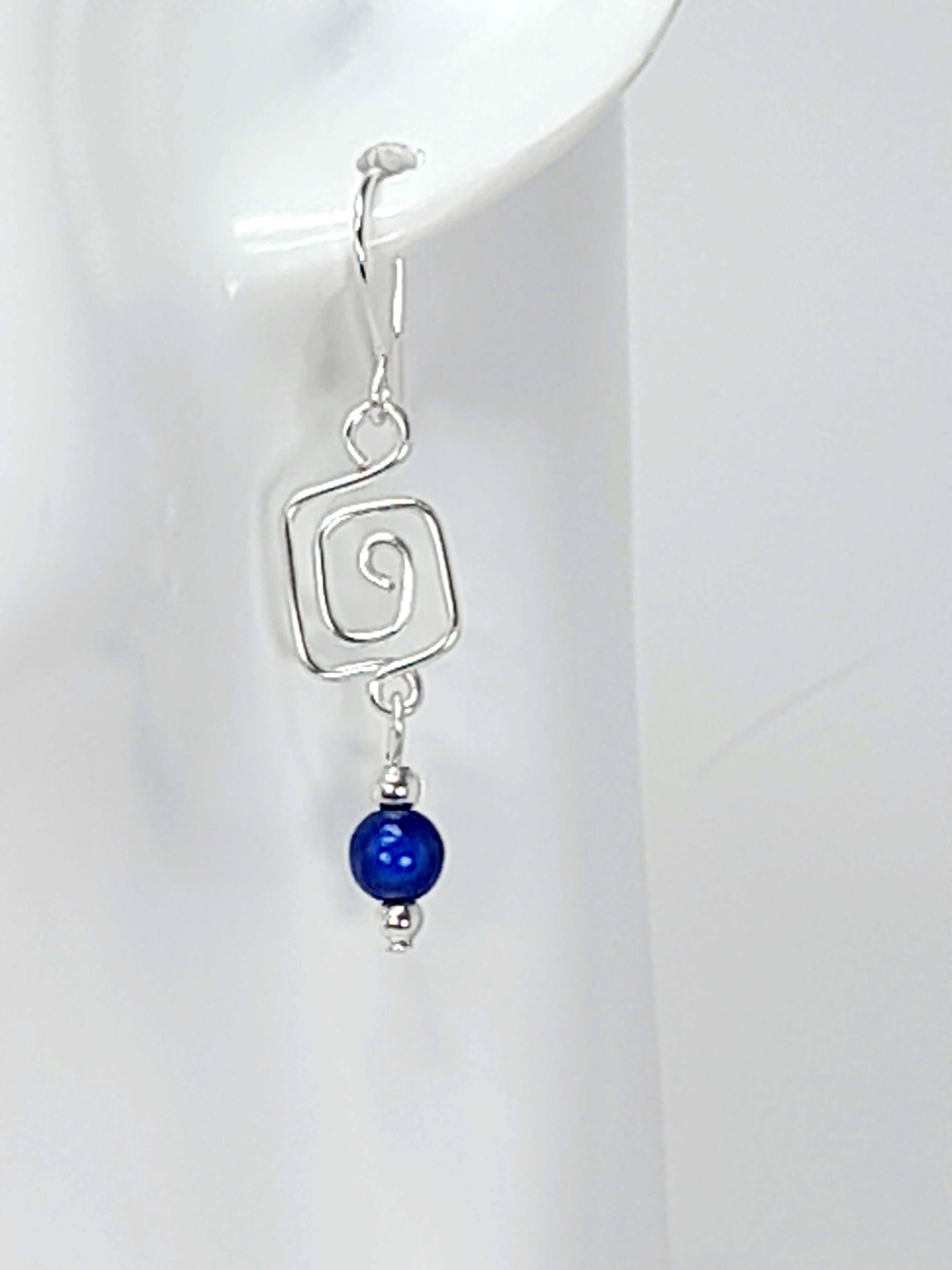 Dainty Silver & Blue Square Spiral Earrings, Handmade, Lightweight & Pretty