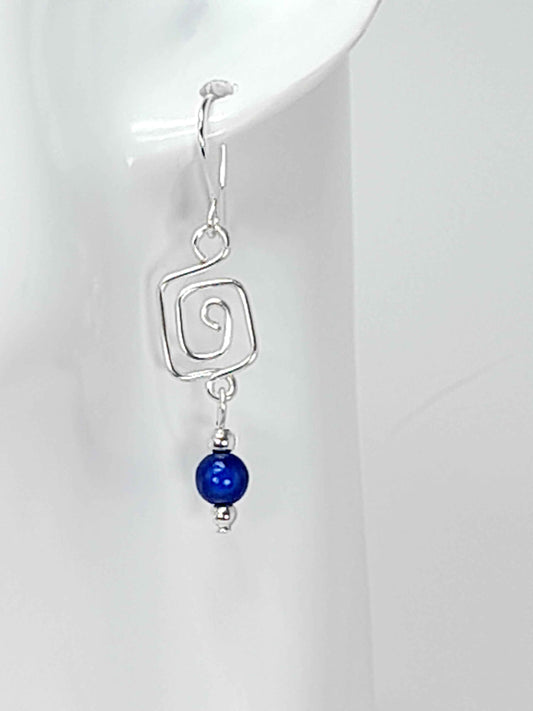 Dainty Silver & Blue Square Spiral Earrings, Handmade, Lightweight & Pretty
