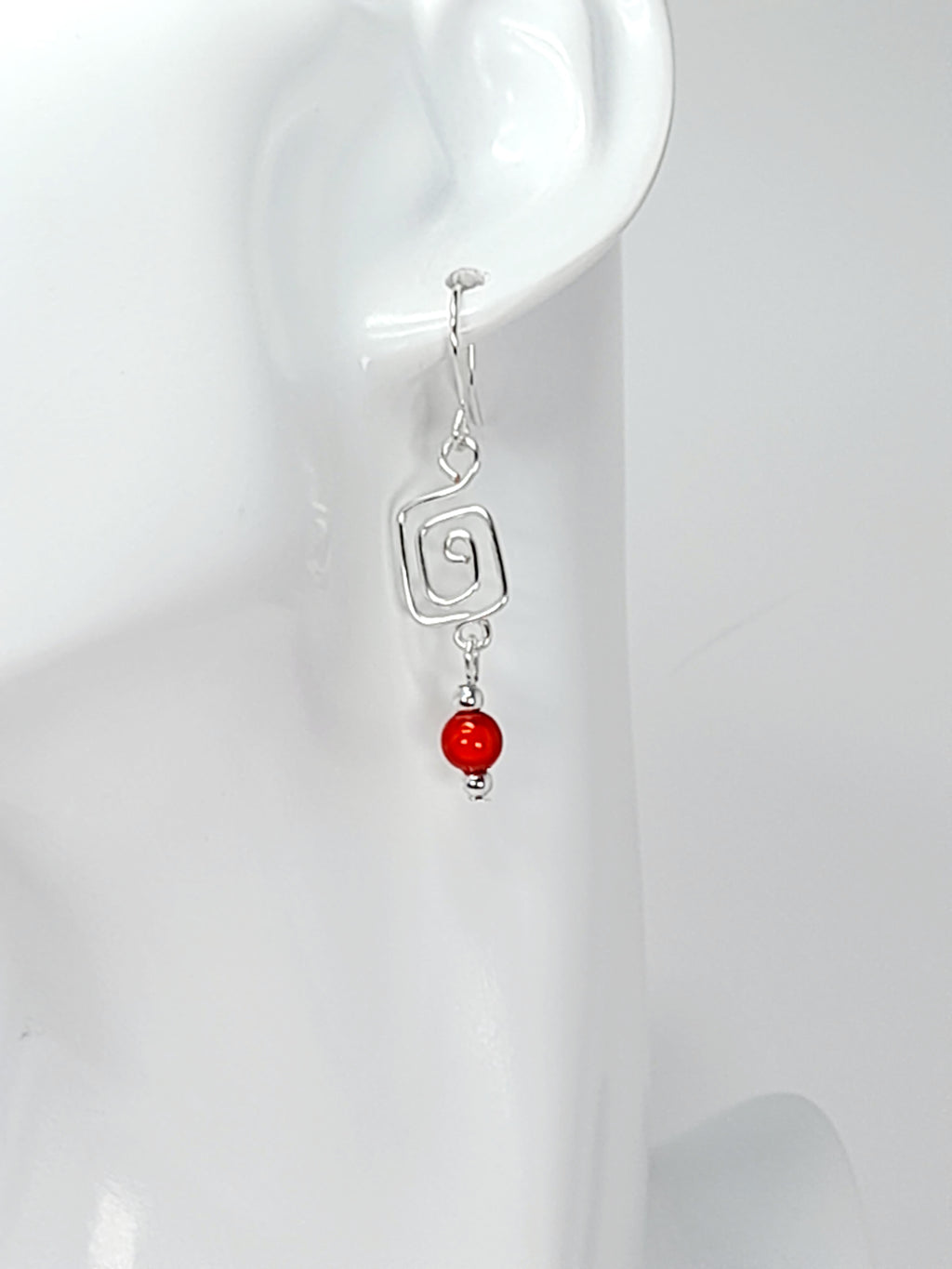 Dainty Silver & Red Square Spiral Earrings, Handmade, Lightweight & Pretty