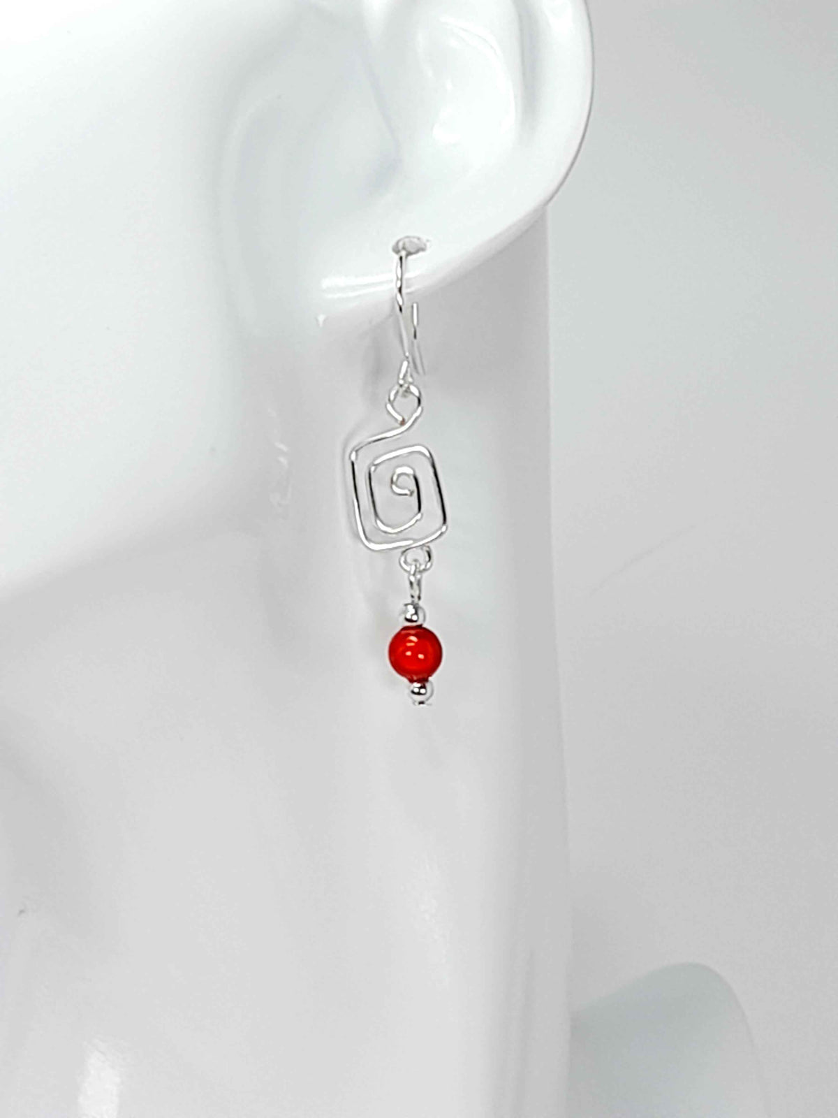 Dainty Silver & Red Square Spiral Earrings, Handmade, Lightweight & Pretty