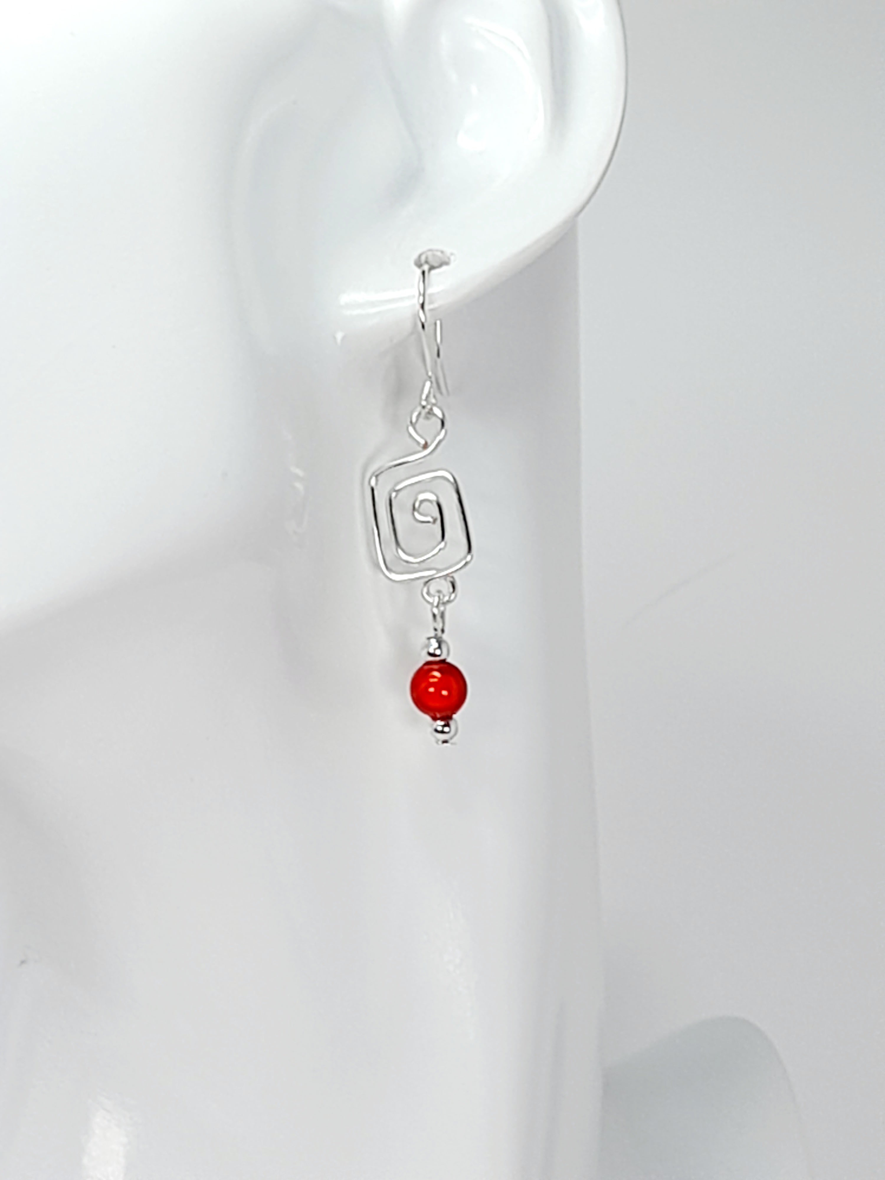 Dainty Silver & Red Square Spiral Earrings, Handmade, Lightweight & Pretty