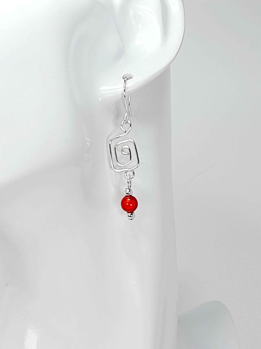 Dainty Silver & Red Square Spiral Earrings, Handmade, Lightweight & Pretty