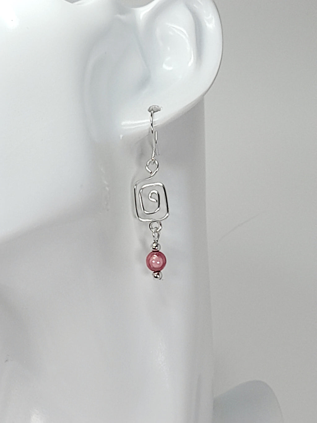 Dainty Silver & Pale Pink Square Spiral Earrings, Handmade, Lightweight & Pretty