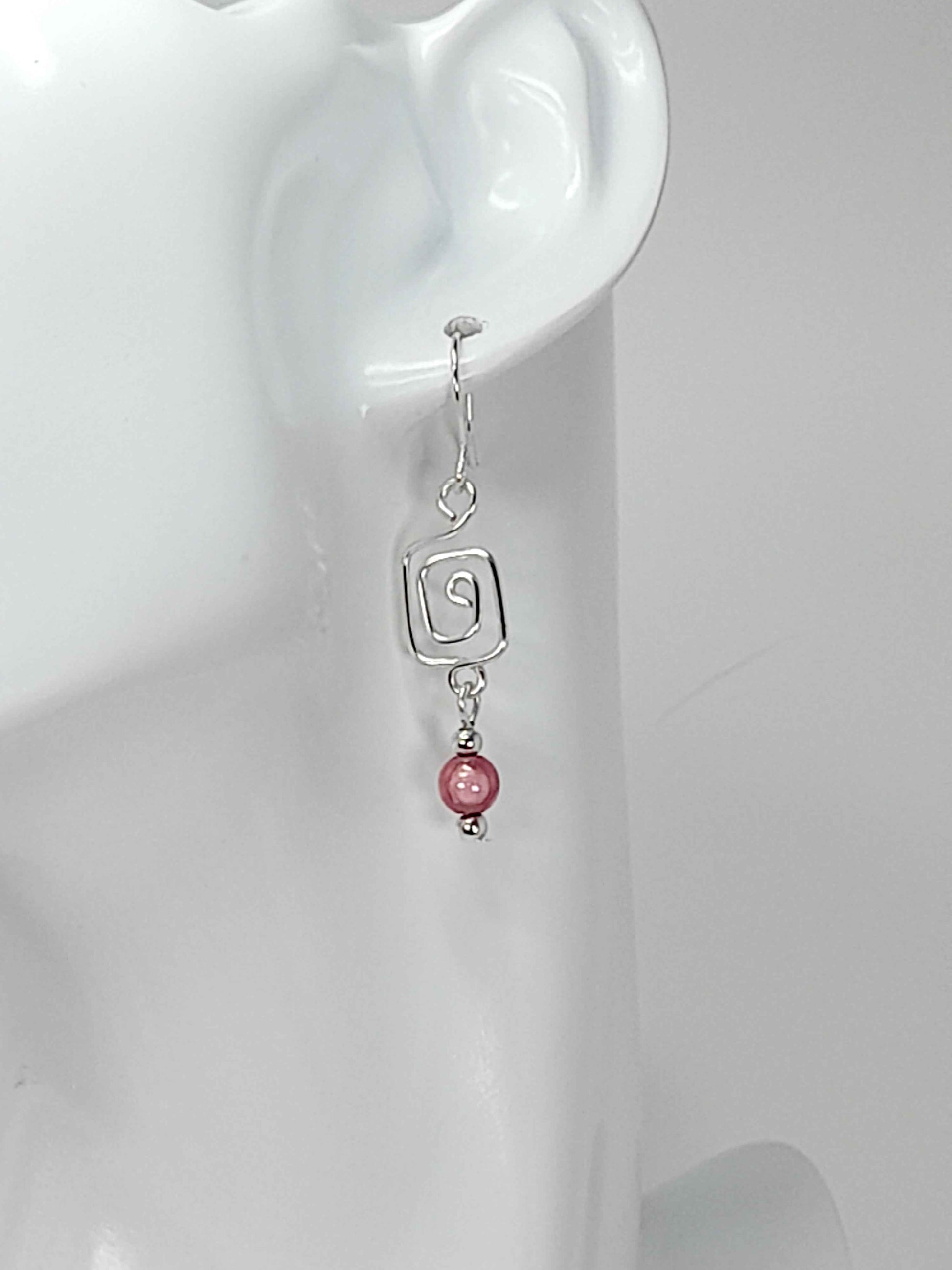 Dainty Silver & Pale Pink Square Spiral Earrings, Handmade, Lightweight & Pretty
