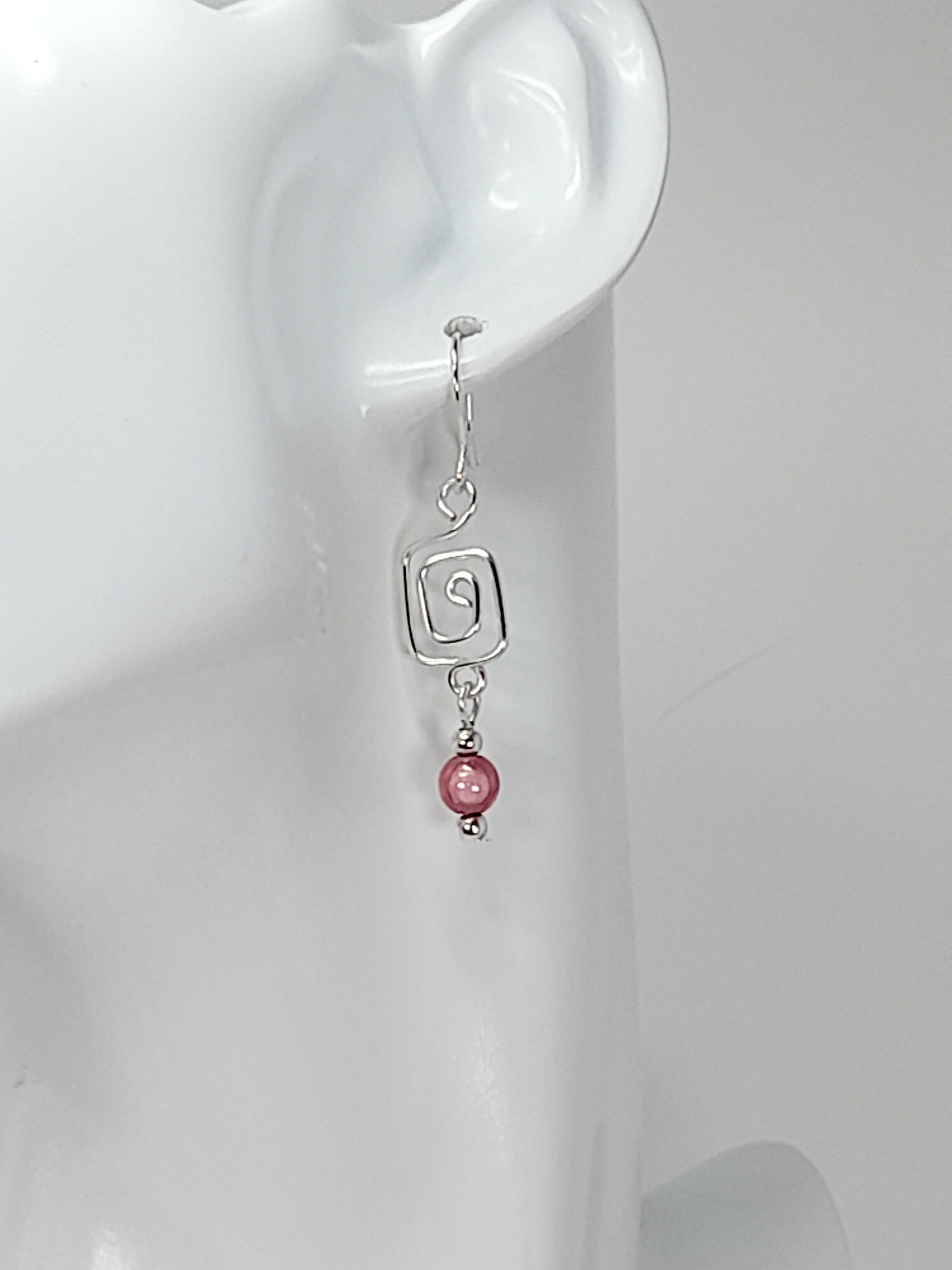 Dainty Silver & Pale Pink Square Spiral Earrings, Handmade, Lightweight & Pretty