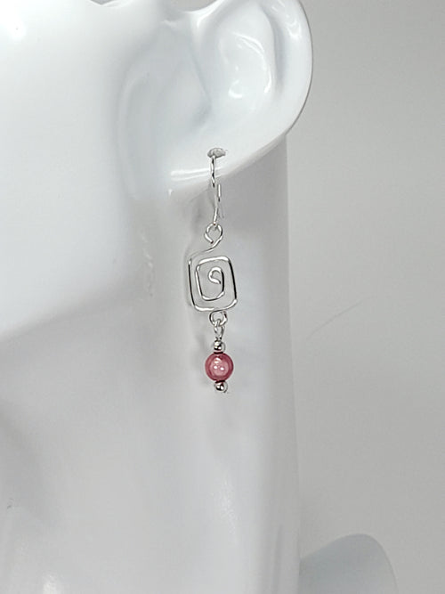 Dainty Silver & Pale Pink Square Spiral Earrings, Handmade, Lightweight & Pretty