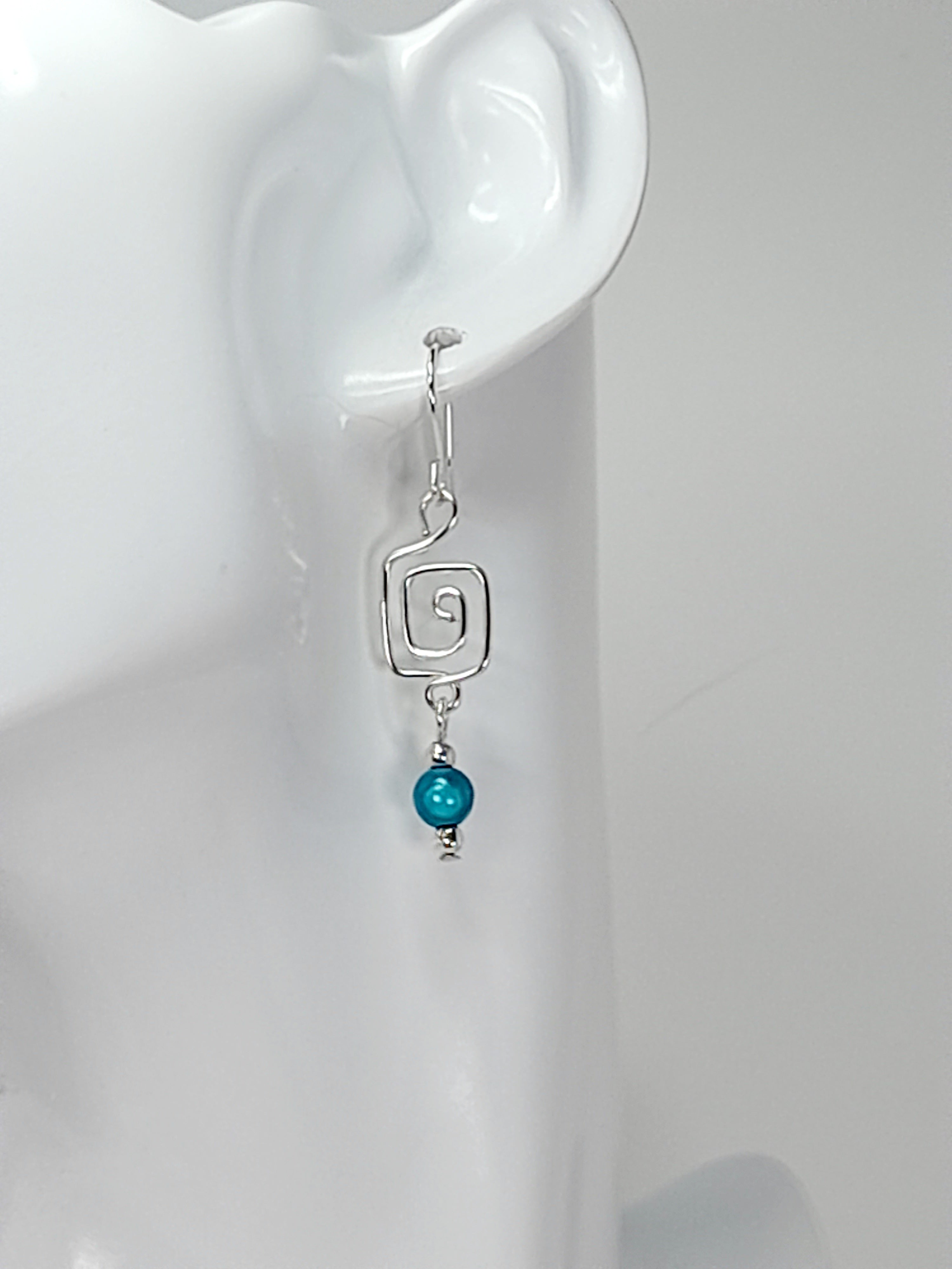 Dainty Silver & Turquoise Square Spiral Earrings, Handmade, Lightweight & Pretty