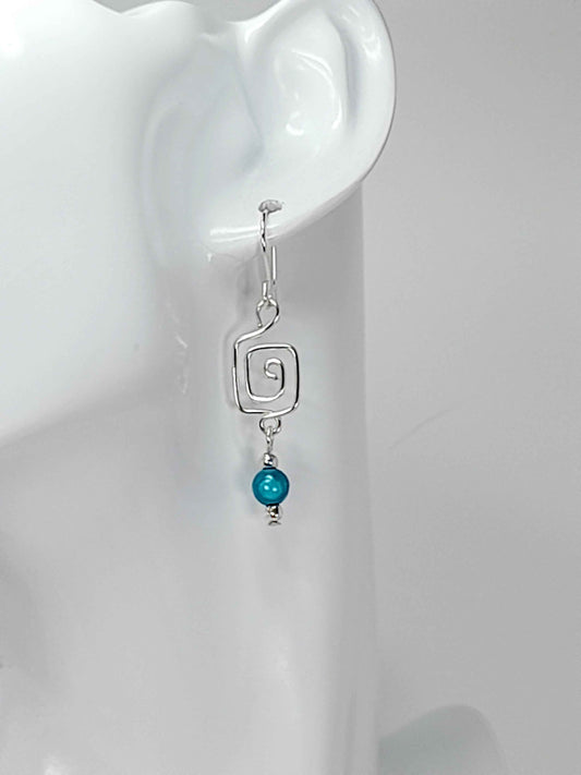 Dainty Silver & Turquoise Square Spiral Earrings, Handmade, Lightweight & Pretty