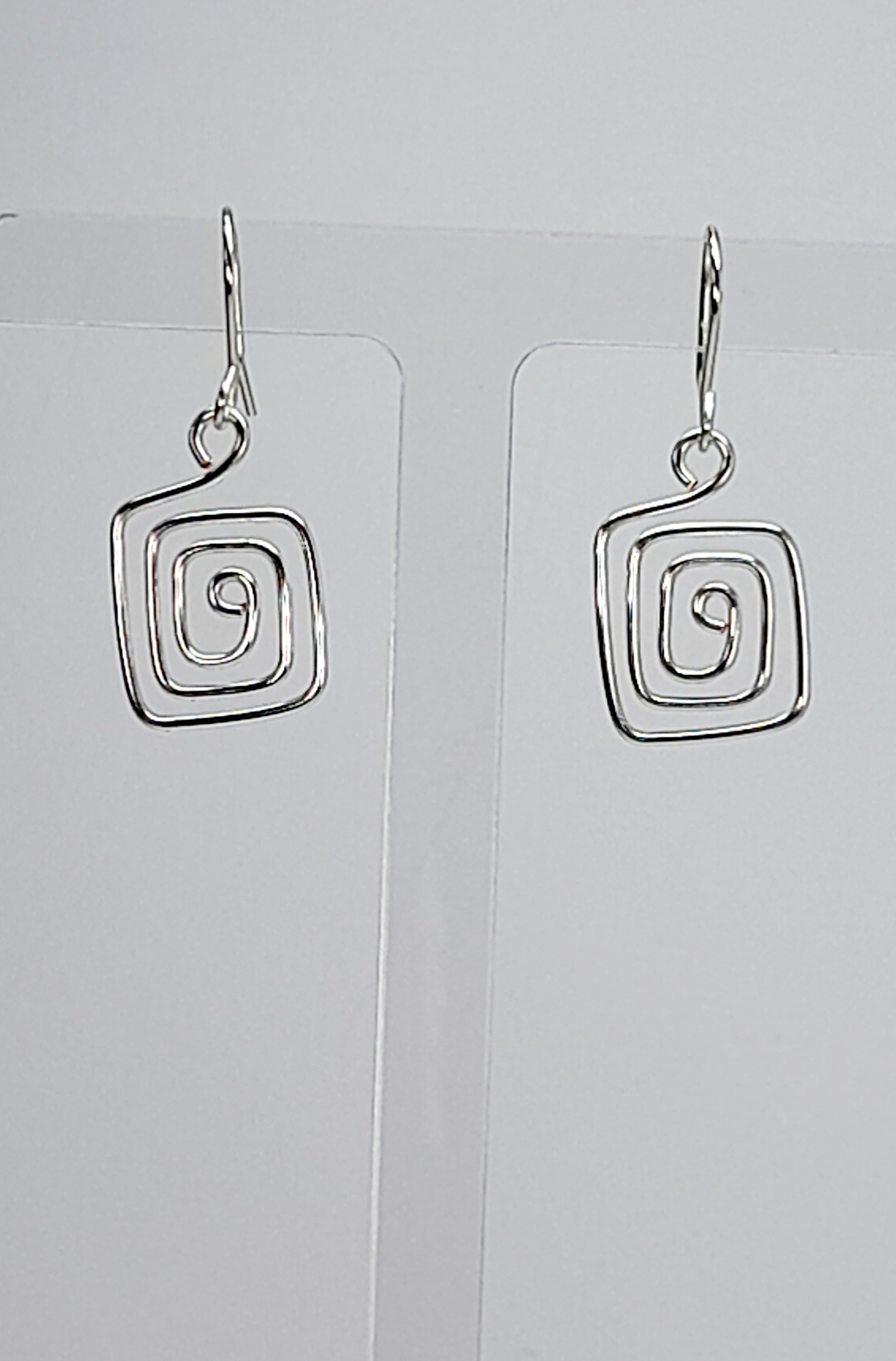 Handmade Silver Spiral Square Earrings, Dainty Lightweight Geometric Drops