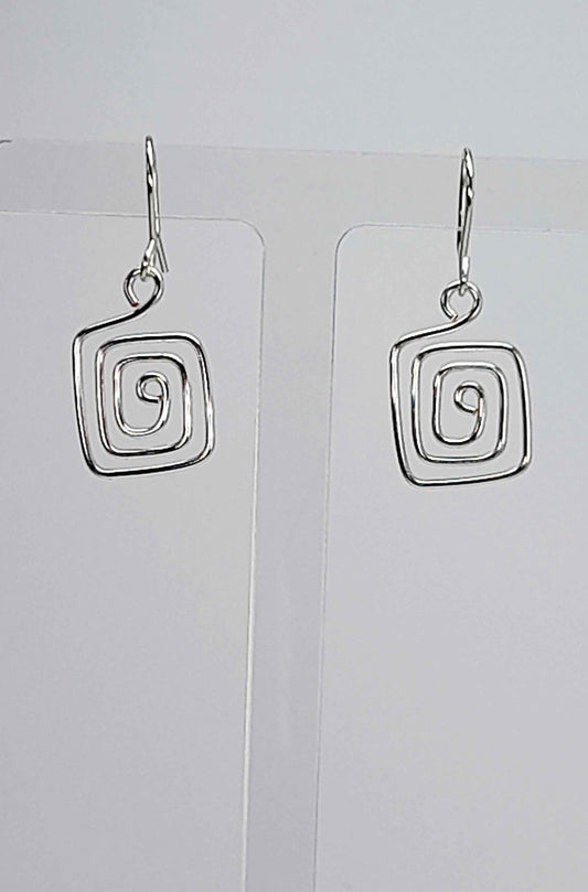 Handmade Silver Spiral Square Earrings, Dainty Lightweight Geometric Drops