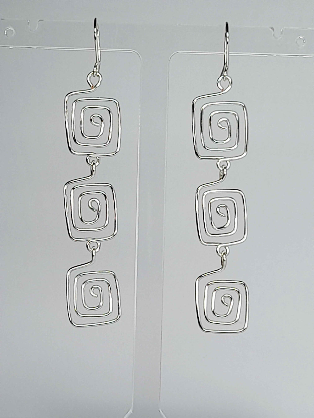 Handmade Silver‑Plated Square Spiral Earrings, Large Geometric Statement Dangle Jewellery