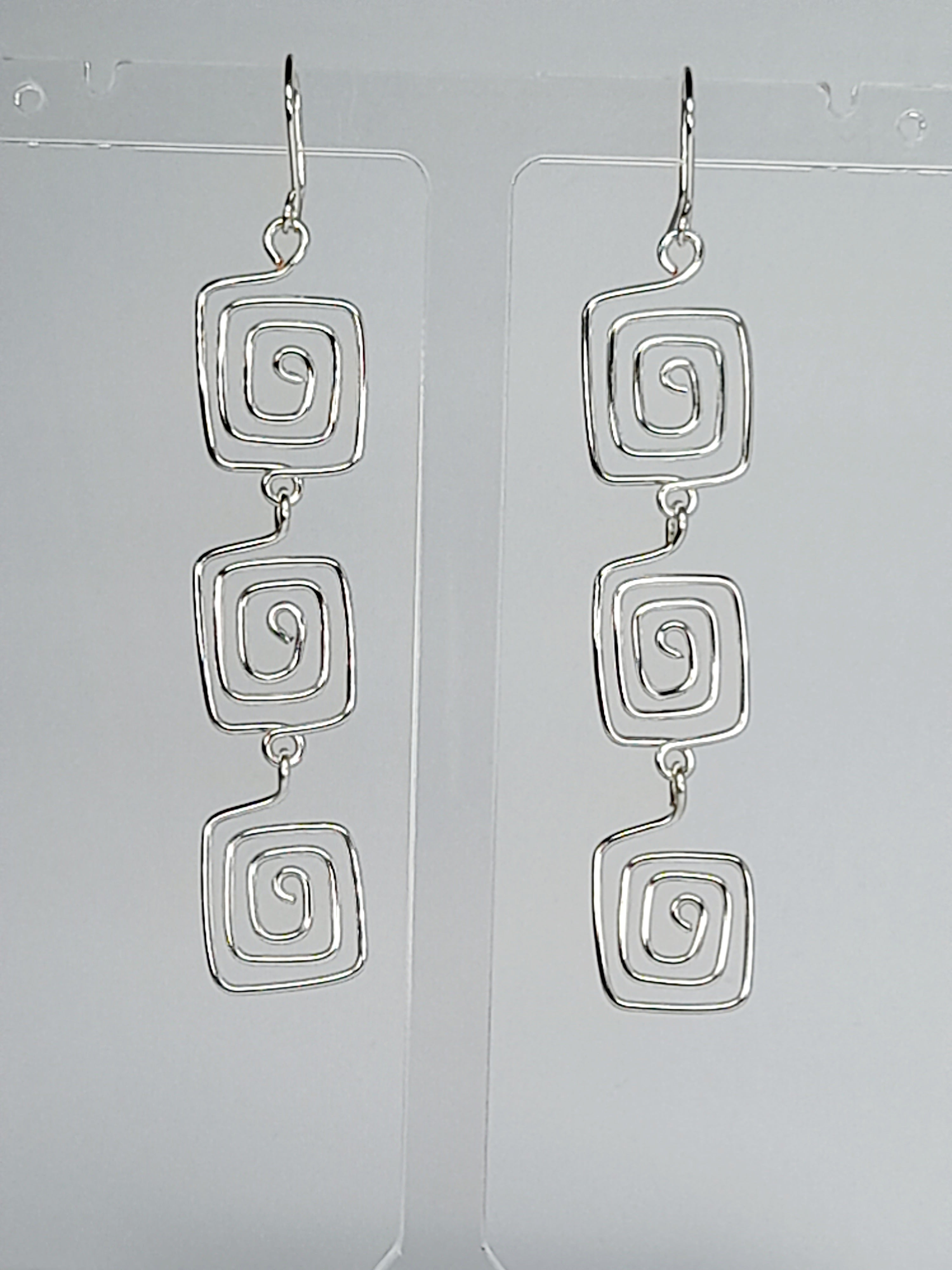 Handmade Silver‑Plated Square Spiral Earrings, Large Geometric Statement Dangle Jewellery