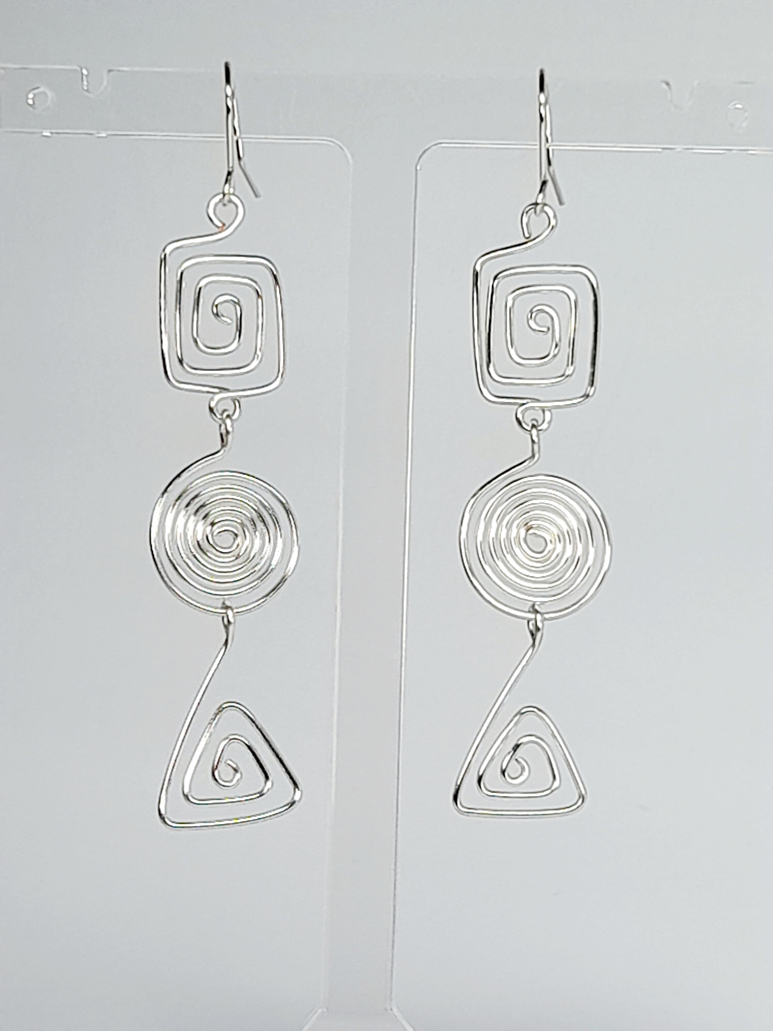 Geometric Silver Spiral Earrings, Handmade Lightweight Statement Dangles