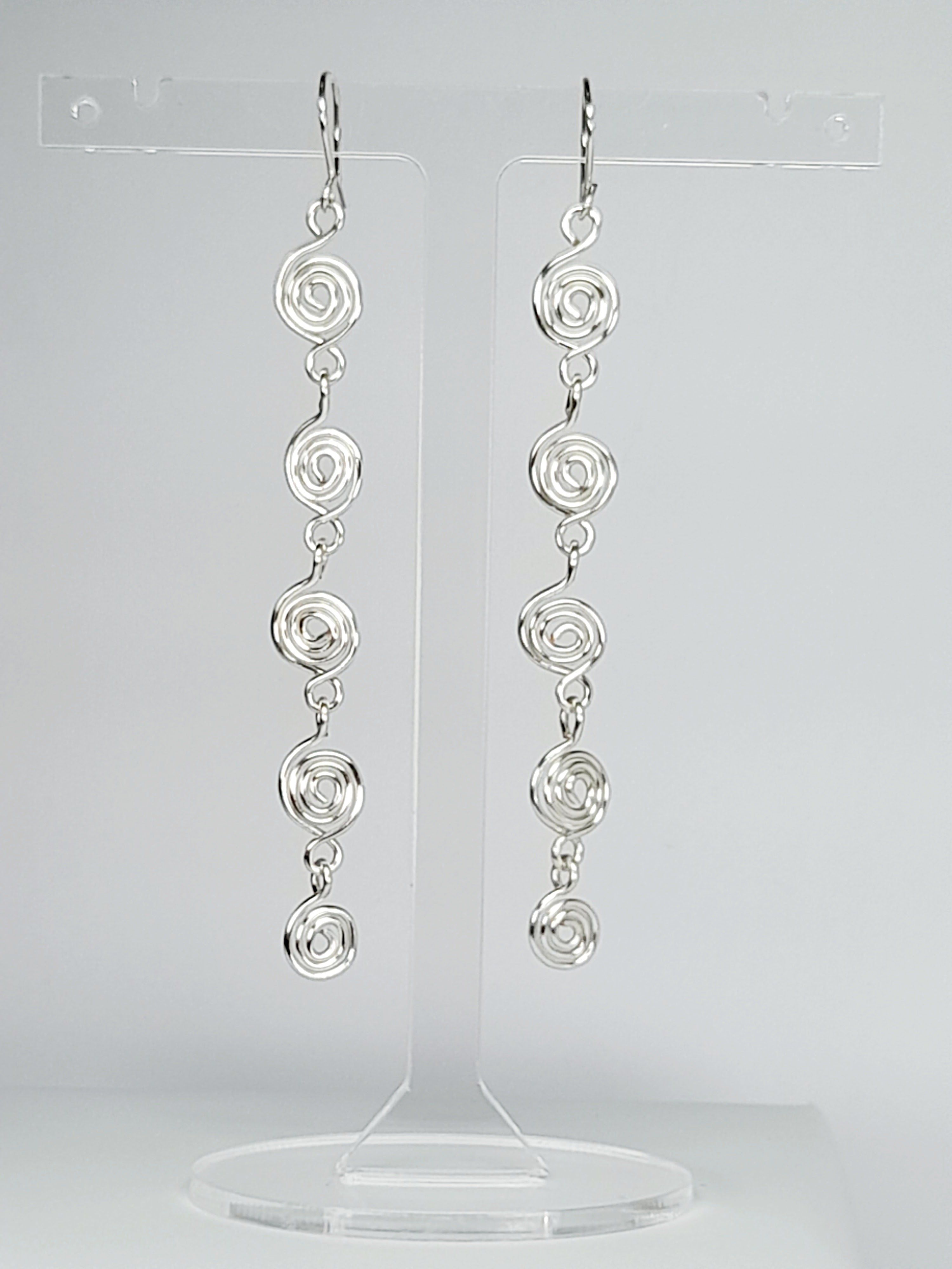 Handmade Silver‑Plated Long Spiral Earrings, Lightweight Five‑Spiral Geometric Dangle Jewellery