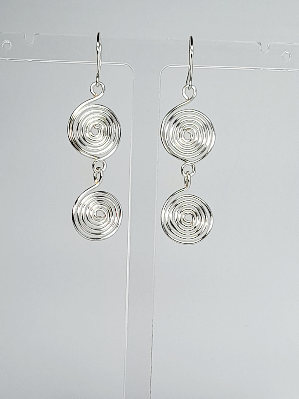 Handmade Silver‑Plated Spiral Earrings, Lightweight Geometric Two‑Spiral Dangle Jewellery