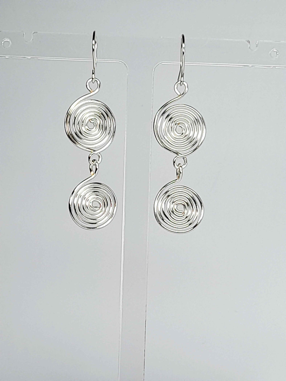 Handmade Silver‑Plated Spiral Earrings, Lightweight Geometric Two‑Spiral Dangle Jewellery