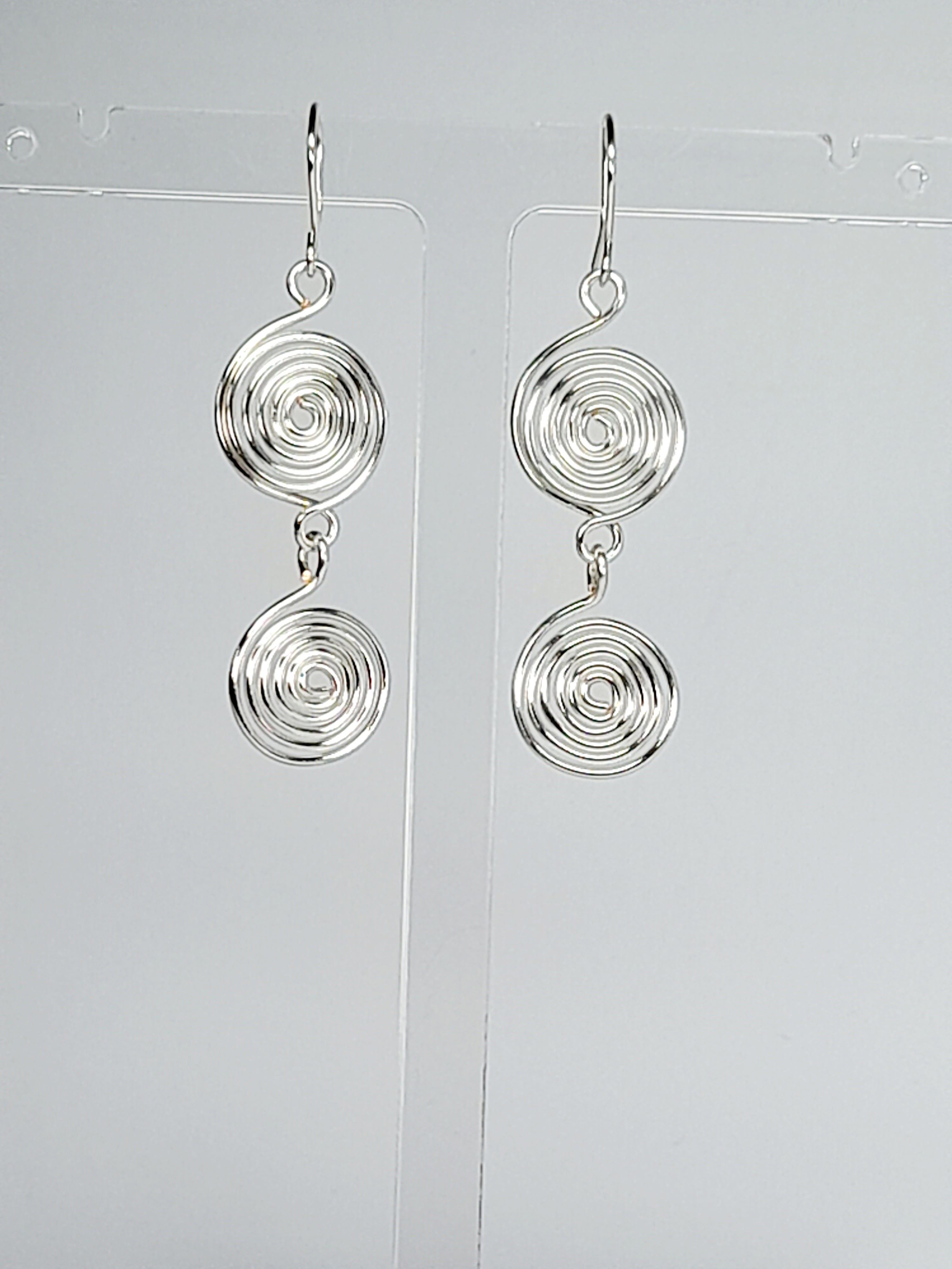 Handmade Silver‑Plated Spiral Earrings, Lightweight Geometric Two‑Spiral Dangle Jewellery