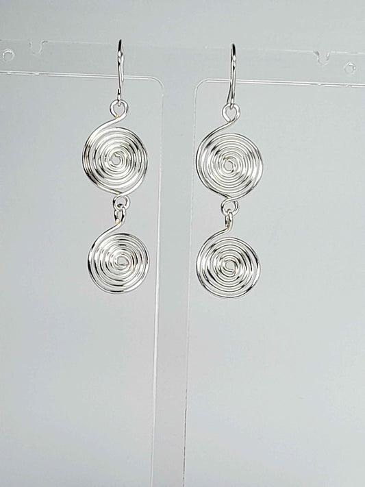 Handmade Silver‑Plated Spiral Earrings, Lightweight Geometric Two‑Spiral Dangle Jewellery