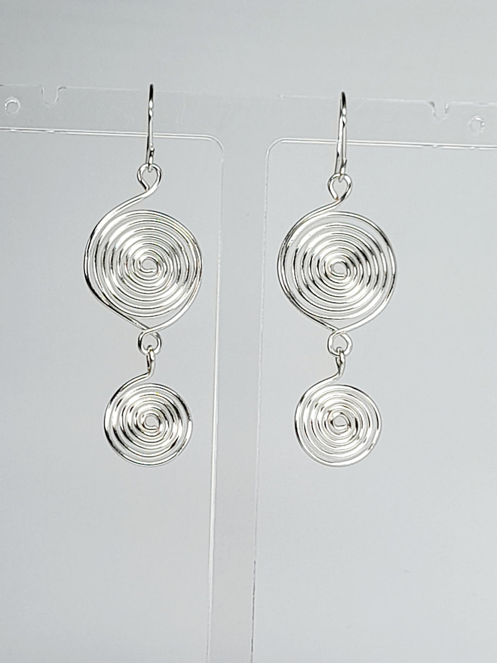 Handmade Silver‑Plated Spiral Earrings, Geometric Double‑Spiral Drop Jewellery