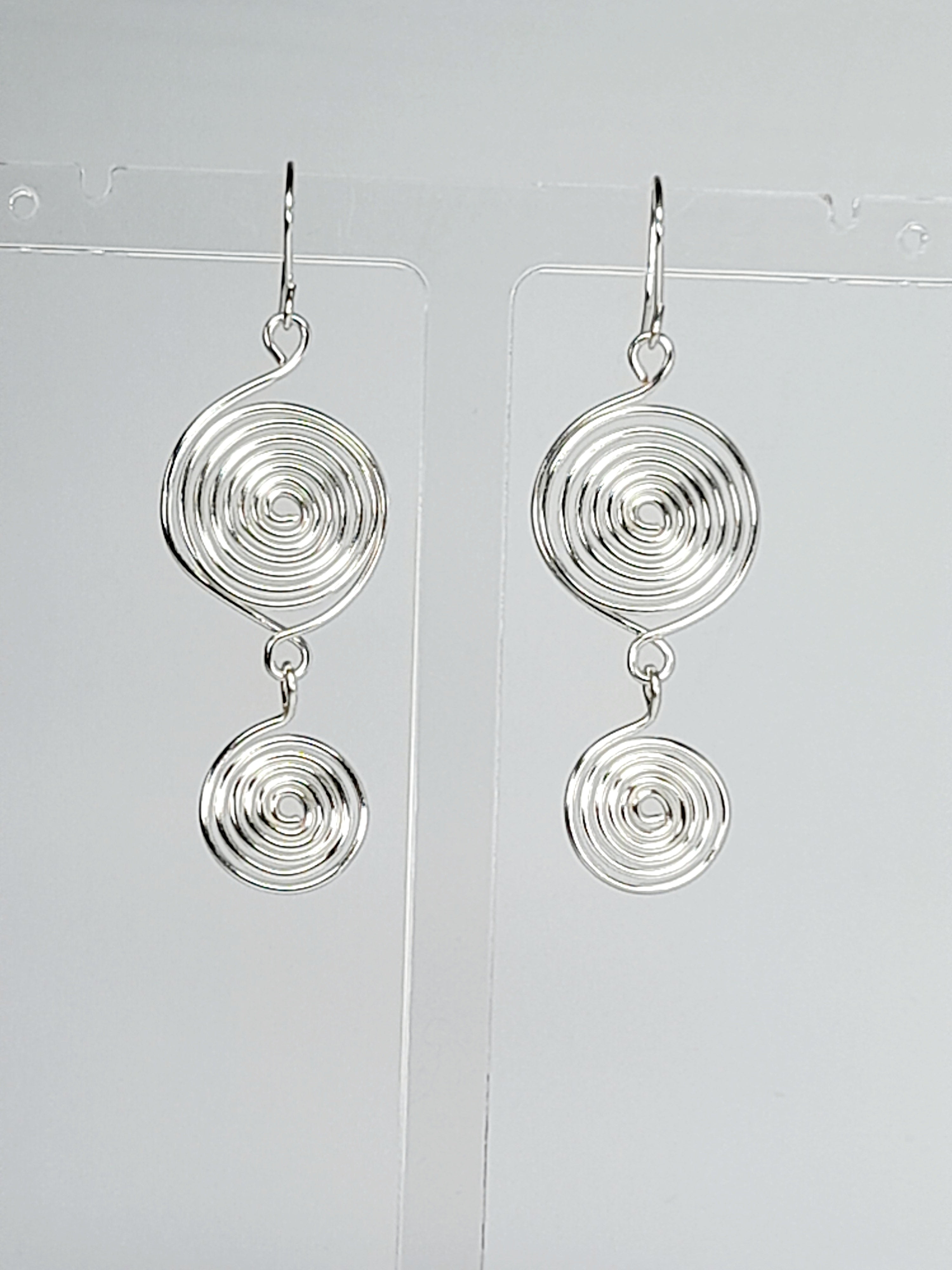Handmade Silver‑Plated Spiral Earrings, Geometric Double‑Spiral Drop Jewellery