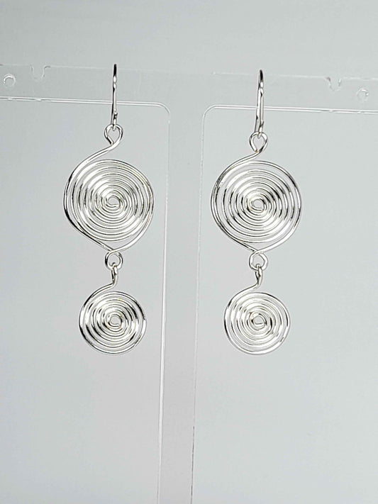 Handmade Silver‑Plated Spiral Earrings, Geometric Double‑Spiral Drop Jewellery