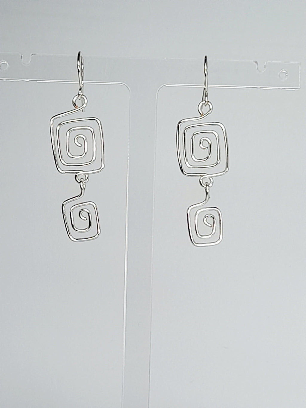 Handmade Silver‑Plated Square Spiral Earrings, Geometric Statement Dangle Jewellery