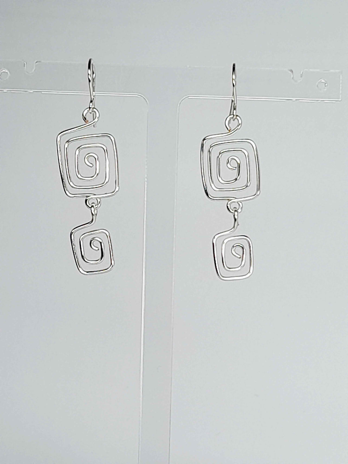 Handmade Silver‑Plated Square Spiral Earrings, Geometric Statement Dangle Jewellery