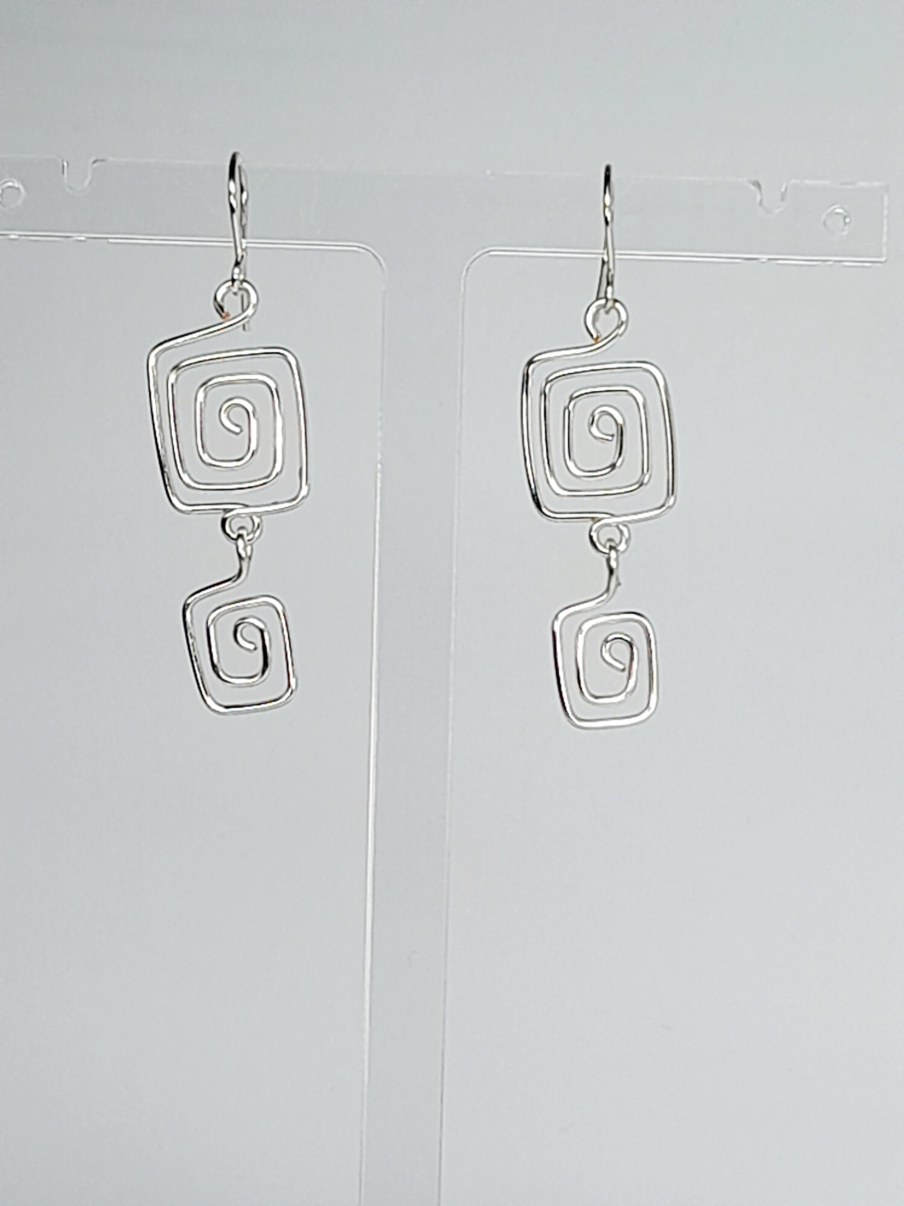 Handmade Silver‑Plated Square Spiral Earrings, Geometric Statement Dangle Jewellery