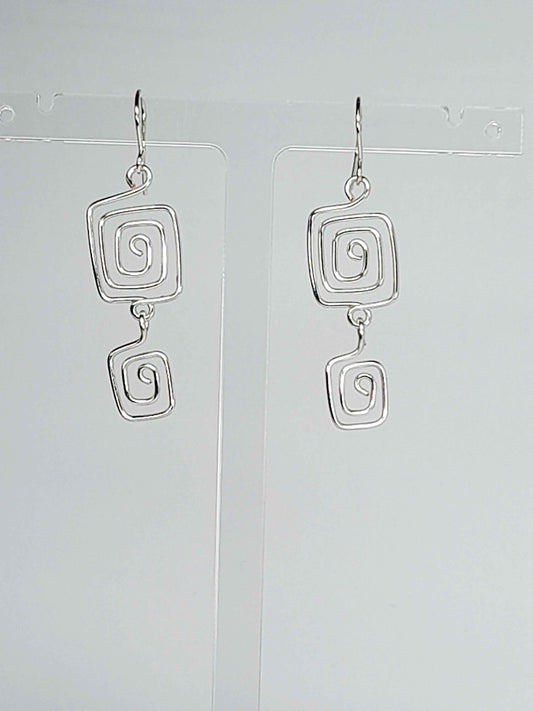 Handmade Silver‑Plated Square Spiral Earrings, Geometric Statement Dangle Jewellery