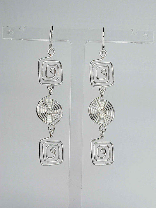 Long Geometric Spiral Silver Drop Earrings